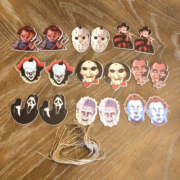 18pc Wooden Halloween Scary Movie Serial Killers Clown Scary Doll Tree Ornaments - Picture 1 of 12